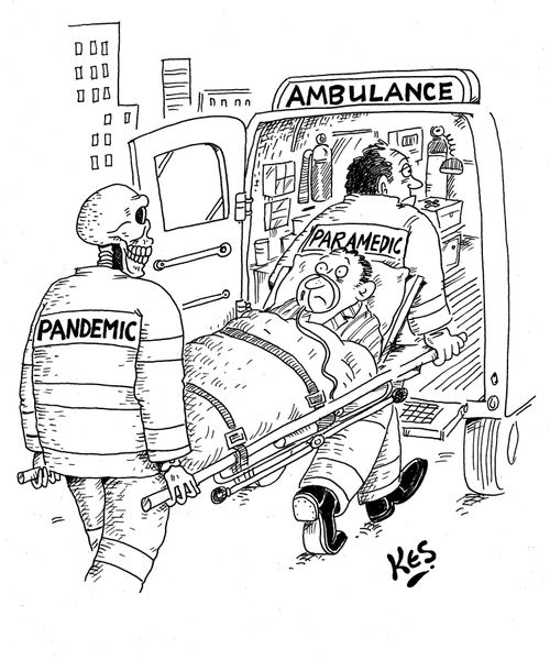 Skeleton/ Grim Reaper paramedic wears jacket with the word; 'Pandemic' instead of 'Paramedic'.