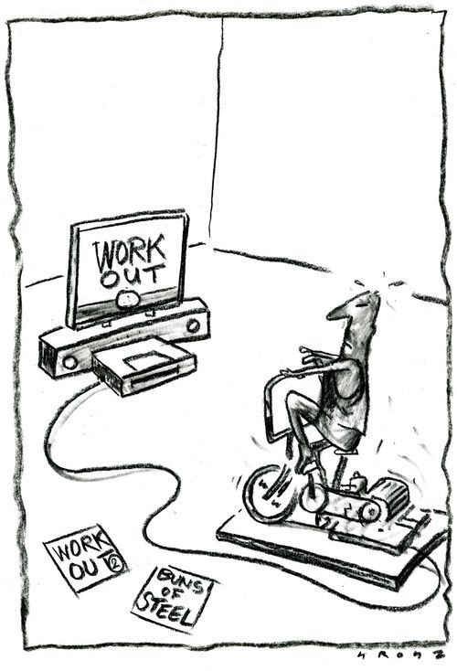 Man on exercise bike plugged into the TV.