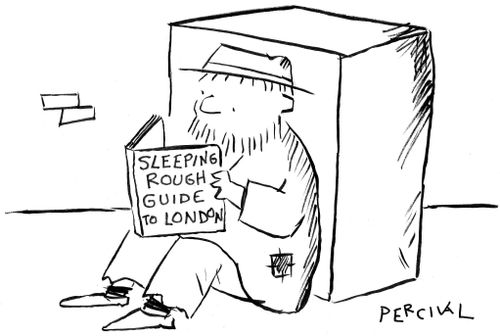 Homeless man reading a guide book entitled: 'Sleeping Rough Guide to London'.
