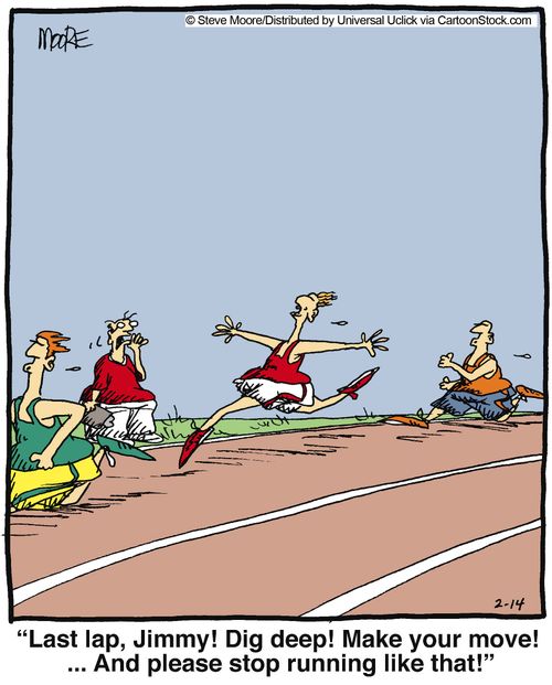 'Last lap, Jimmy! Dig deep! Make your move! And please stop running like that!'
