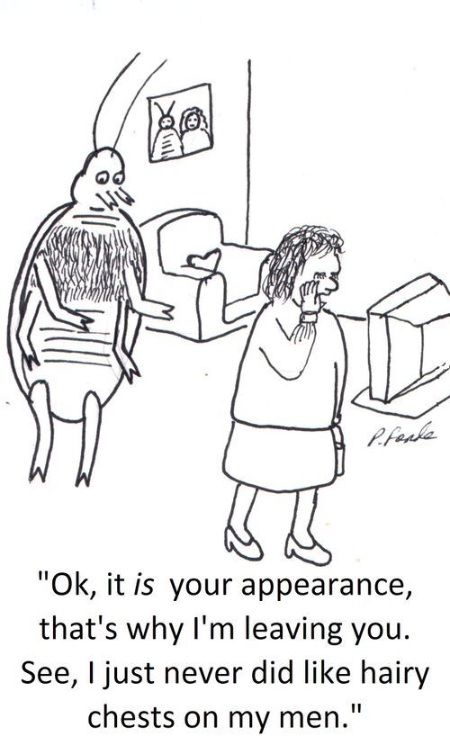 'Ok, it is your appearance, that's why I'm leaving you. See, I just never liked hairy chests on my men.'