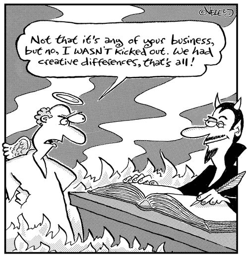 Angel kicked out of heaven, sent to Hell, on basis of 'creative differences.'