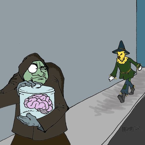Scarecrow chasing Igor with a brain
