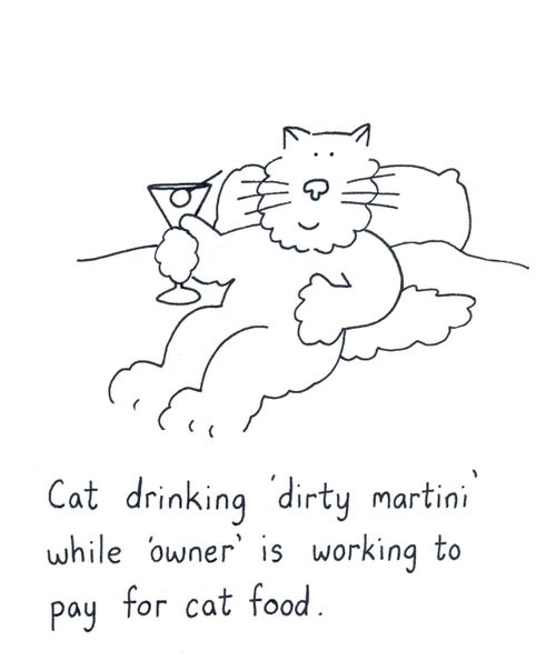 Cat drinking 'dirty martini' while 'owner' is working to pay for cat food.