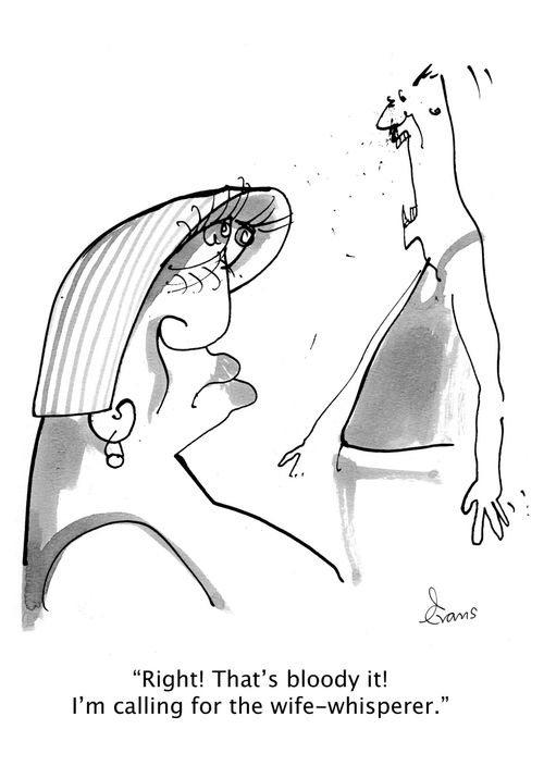 'Right! That's bloody it! I'm calling for the wife-whisperer.'