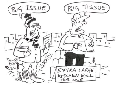 Man selling 'Big Issue' next to man selling the 'big tissue'.