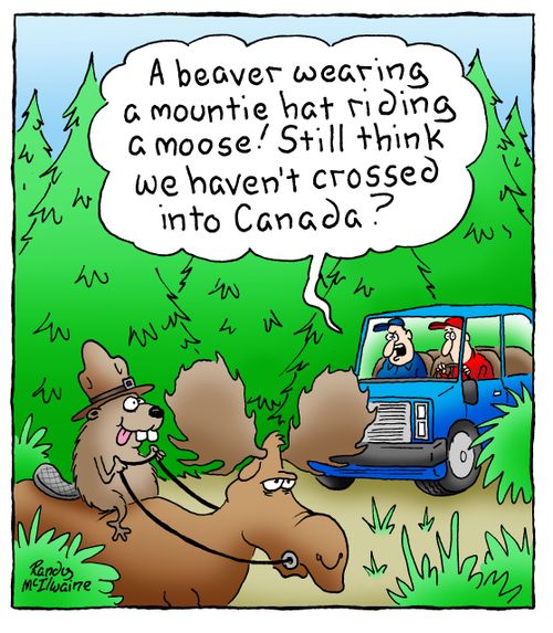 'A beaver wearing a mountie hat riding a moose! Still think we haven't crossed into Canada?'