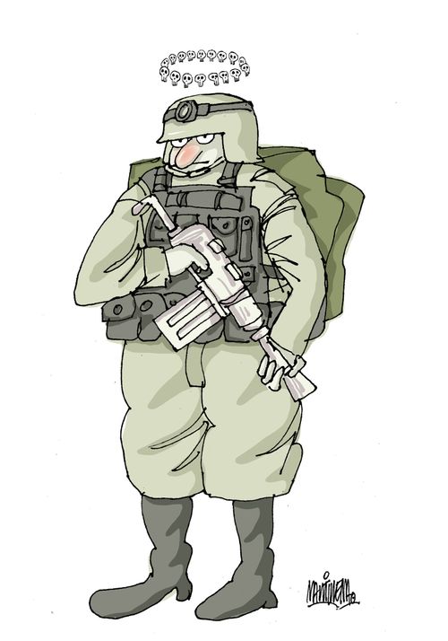 Soldier with a halo of skulls.