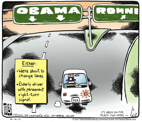 Either: We're about to change lanes or Elderly driver with permanent right-turn signal.