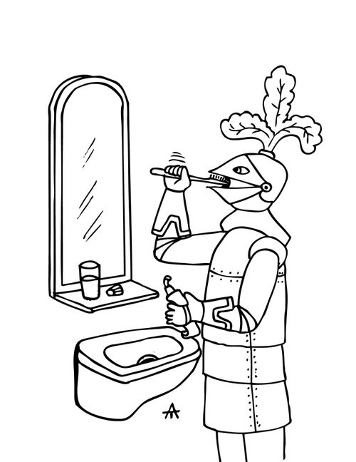 Knight brushing his teeth in his armor.