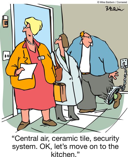 'Central air, ceramic tile, security system. OK, let's move on to the kitchen.' 