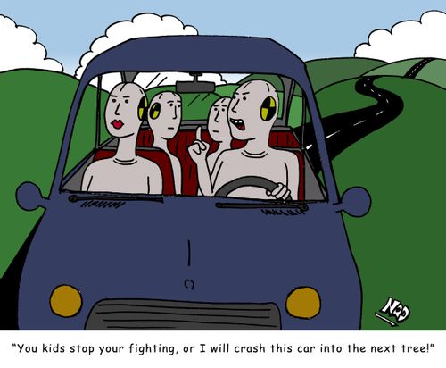 'You kids stop your fighting, or I will crash this car into the next tree!'