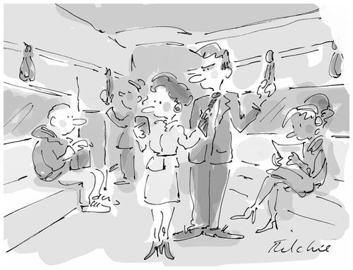 Subway rider holds onto man's tie.