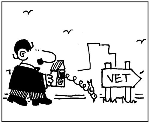 Man taking cuckoo clock to the vet.