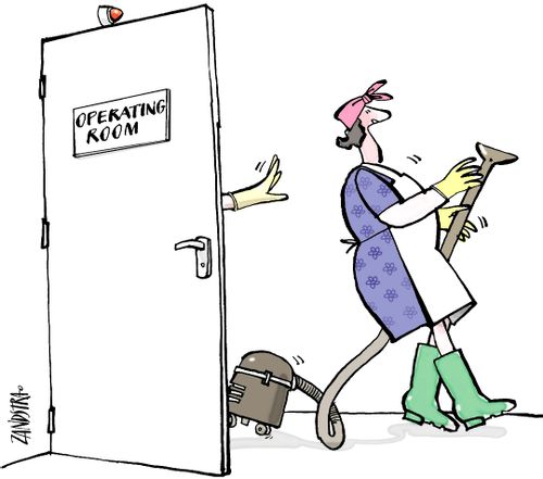 Surgeon pushing cleaning lady out of operating room.