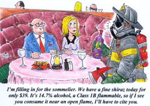 'I'm filling in for the sommelier. We have a fine shiraz today for only $39. It's 14.7 alcohol, a Class 1B flammable, so if I see you consume it near an open flame, I'll have to cite you.'