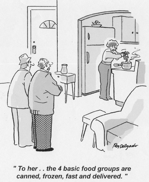 To her, the four basic food groups are canned, frozen, fast and delivered.