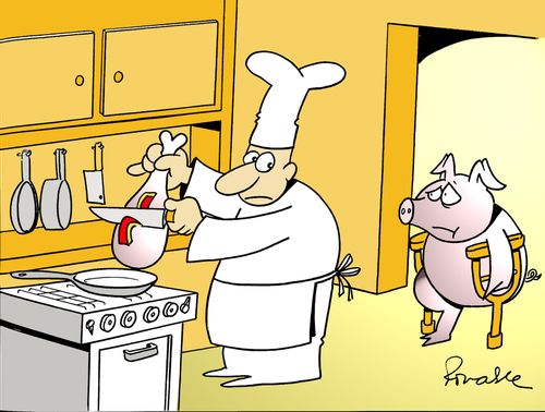 Pig watching a chef cut up his leg.