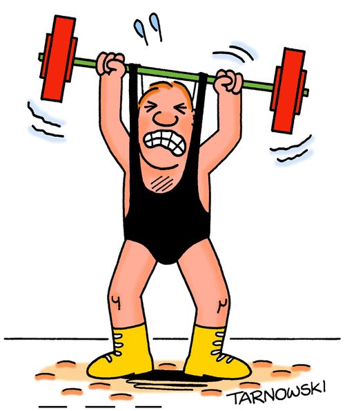 Weight lifter with his weights caught in his suit.