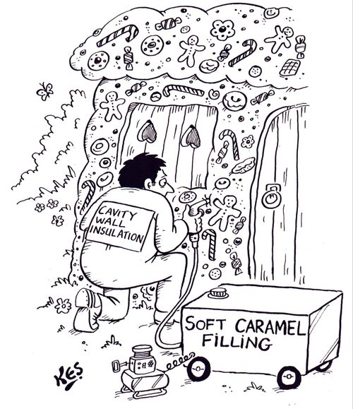 Using soft caramel as cavity wall insulation in a gingerbread house.