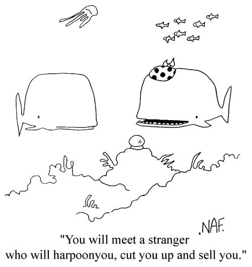 Whale fortune teller - "You will meet a stranger who will harpoon you, cut you up and sell you."