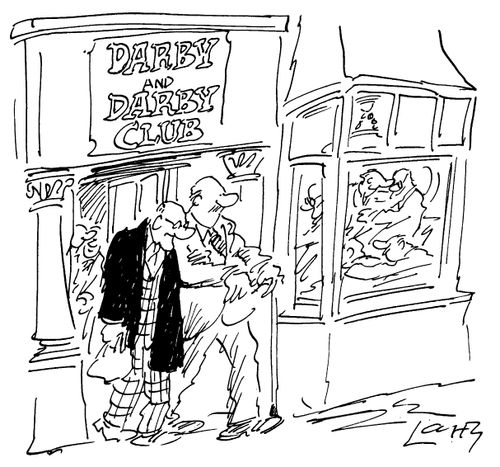 Two men leaving  the 'Darby and Darby club' together