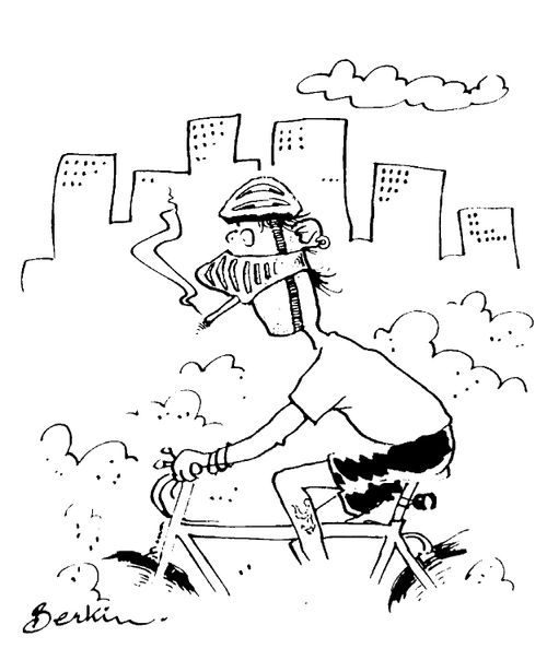 Cyclists with a pollution guard on having a cigarette
