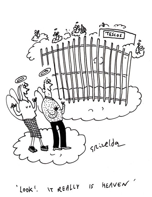 Gates of Heaven with a supermarket in background: 'Look! It really is heaven!' 