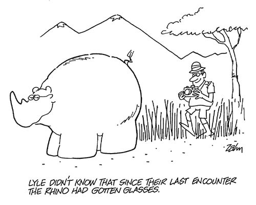 Lyle didn't know that since their last encounter the rhino had gotten glasses.