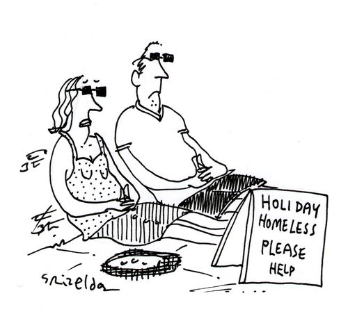 Couple in sunglasses begging with a sign that reads - 'Holiday Homeless - Please help'.