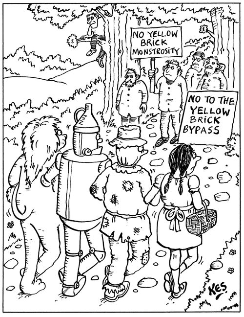 Dorothy,Lion,Scarecrow and the Tin man are confronted by anti-bypass protest.