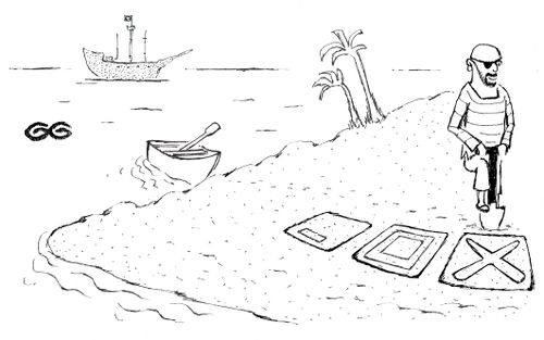 Pirate digging for treasure at computer icon on island.