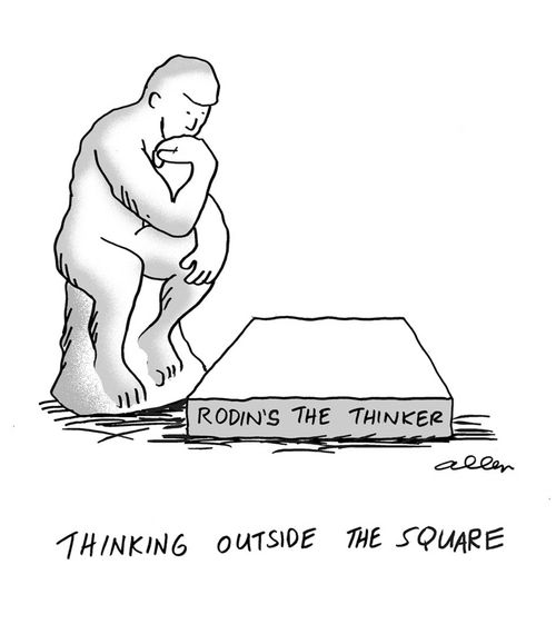 Rodin's 'Thinking man' is off its plinth and looking at it - Thinking outside the square.