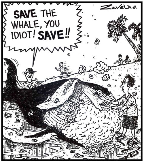 'SAVE the whale,you idiot! SAVE!!' (A man shaving a whale).