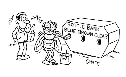 Bottle Bank: Blue, Brown and Clear.