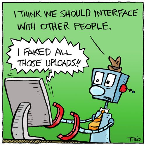 Robot breaks up with a desktop computer. 'I faked all those uploads!'