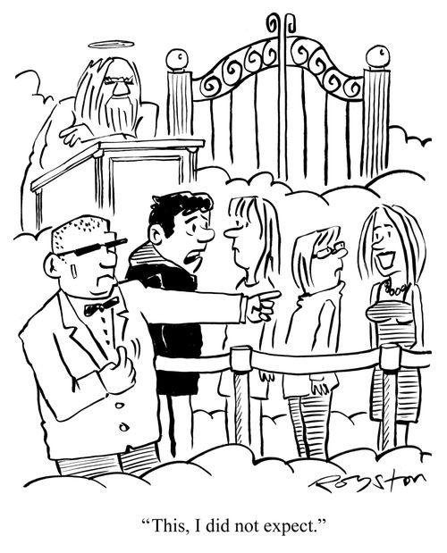 Bouncer picks out good-looking woman in queue for heaven. Man says: 'This, I did not expect.'