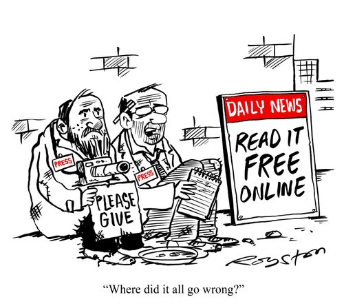Sign says Daily News: Read it for free online: Journalists wonder 'Where did it all go wrong?'