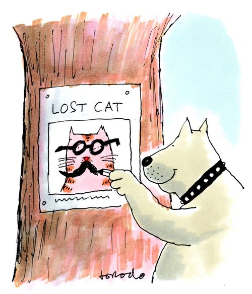 Dog drawing glasses and moustache on lost cat poster.