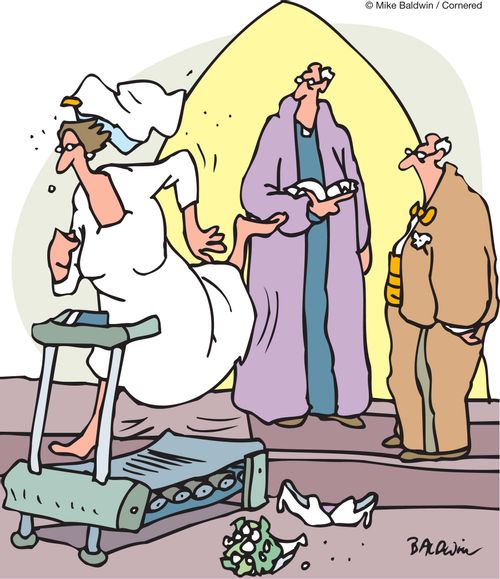 Runaway bride on a treadmill.