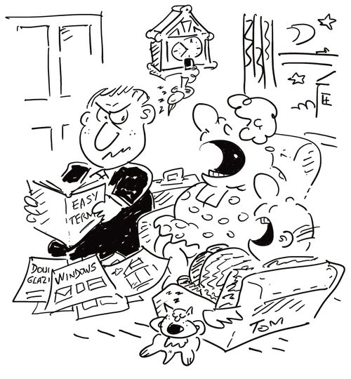 Double-glazing salesman's spiel sends household to sleep.