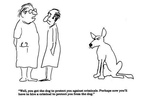 'Well, you got the dog to protect you against criminals. Perhaps now you'll have to hire a criminal to protect you from the dog.'