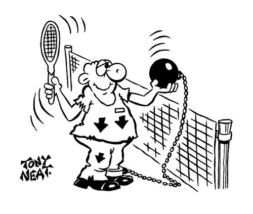 Prison inmate playing tennis with his ball and chain.