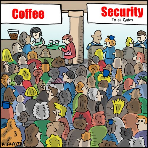 A giant crowd, both in line for coffee and airport security.