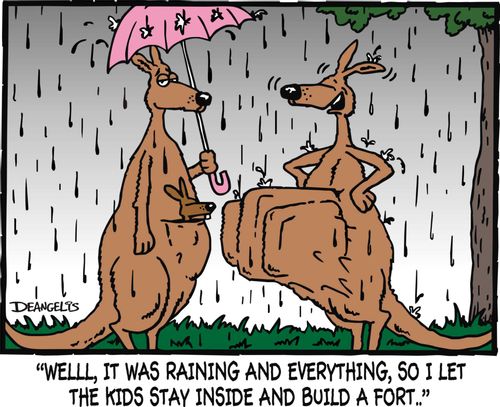 Kangaroo moms chatting in the rain.