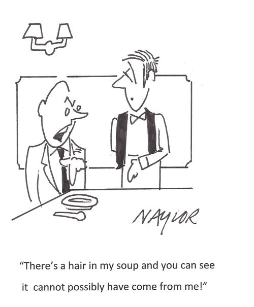'There's a hair in my soup and you can see it cannot possibly have come from me!'