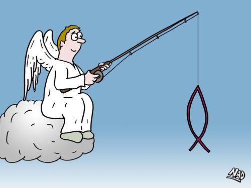 An Angel sits fishing on a cloud and catches a Christian Fish.
