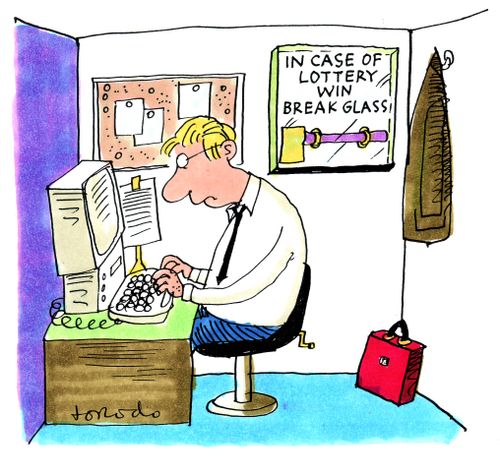 Emergency case in worker's cubicle: In case of lottery win, break glass.