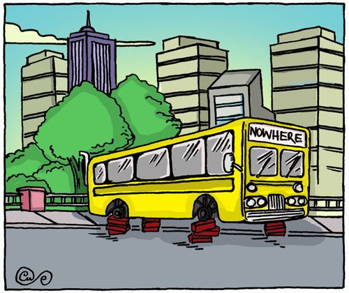 Bus with no wheel and notice NOWHERE.