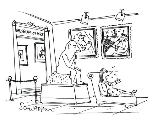 Woman on psychiatrists couch talking to statue in art museum.
